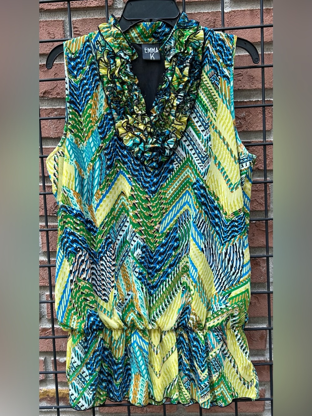 Emma K Sleeveless Ruffle V-Neck Chevron Top in Green & Blue